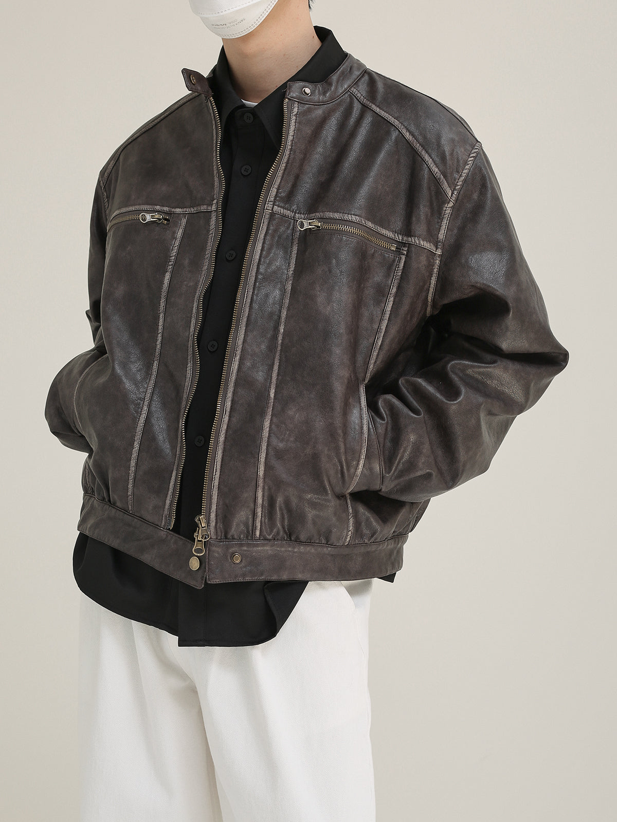 Damage processing fake leather jacket M123