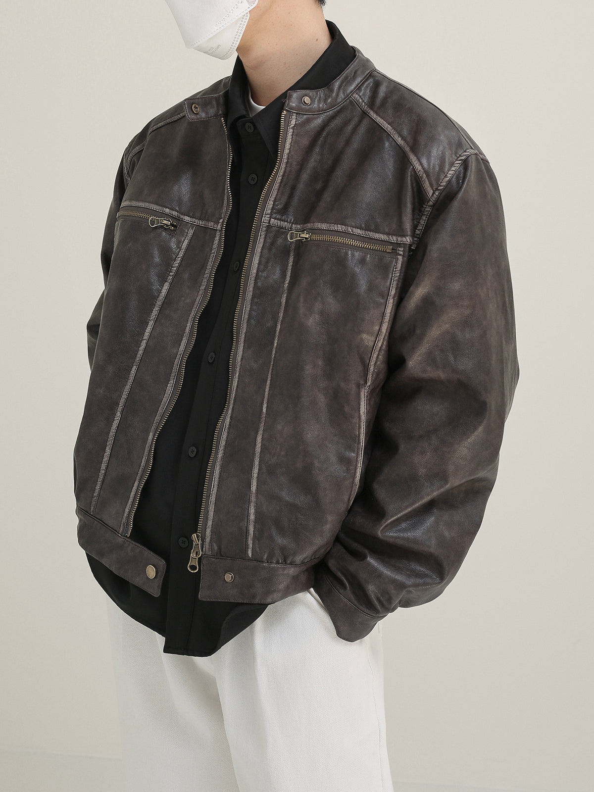 Damage processing fake leather jacket M123