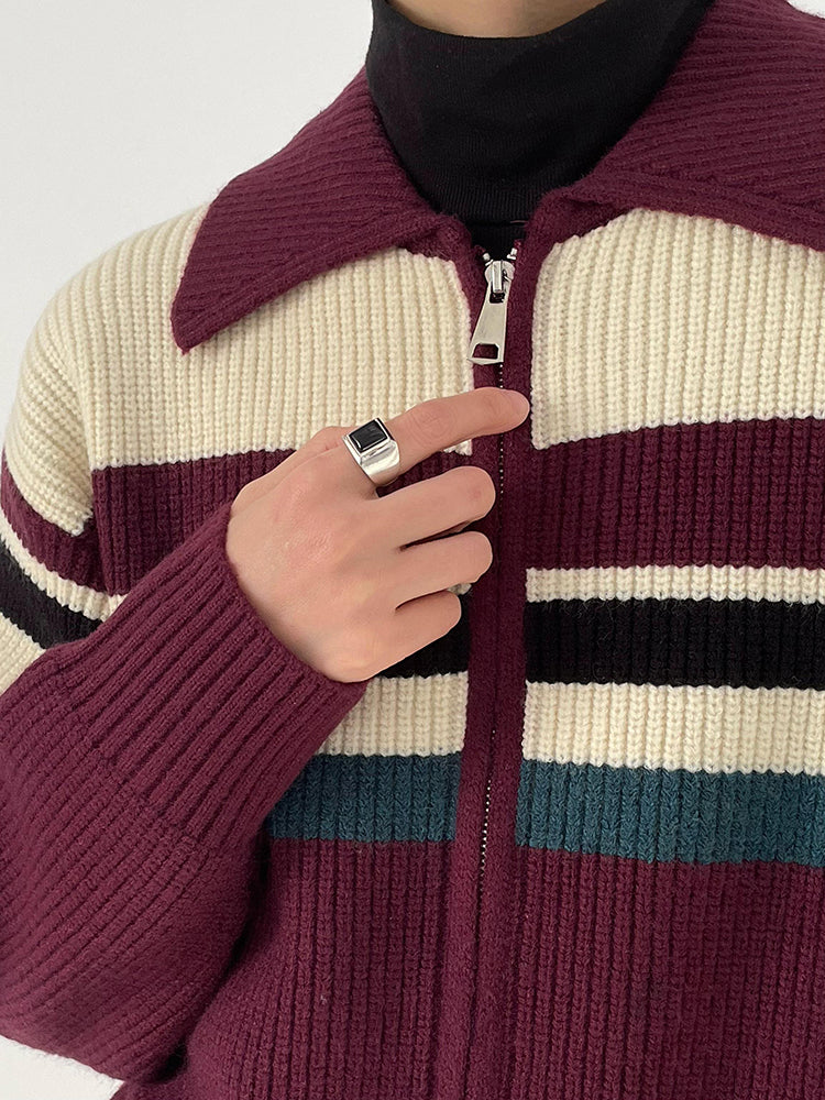 Knit jacket with stripe pattern collar M38
