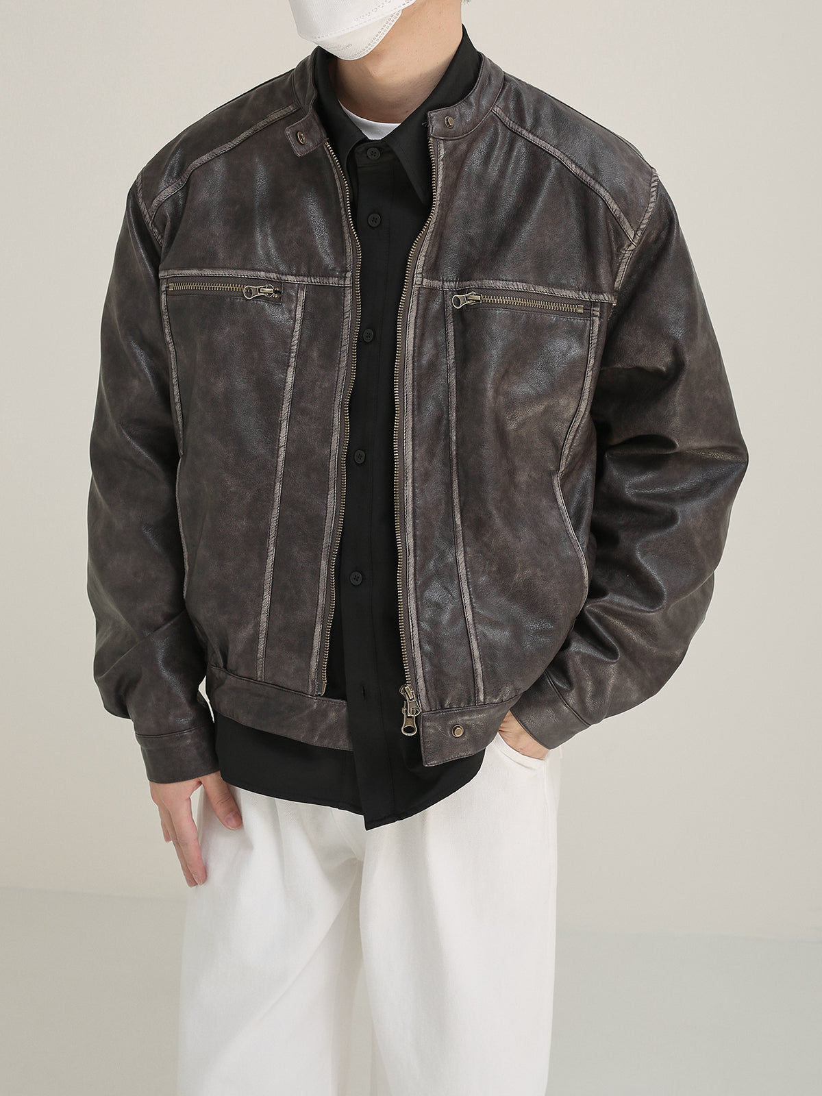 Damage processing fake leather jacket M123