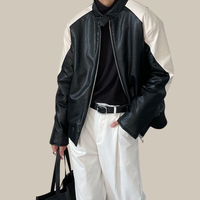 Contrast PU leather jacket M84