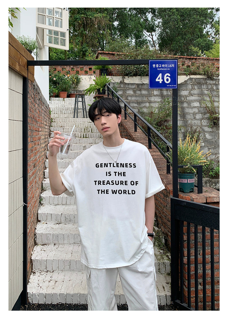 レタープリントクルーネックコットン半袖Tシャツ M520